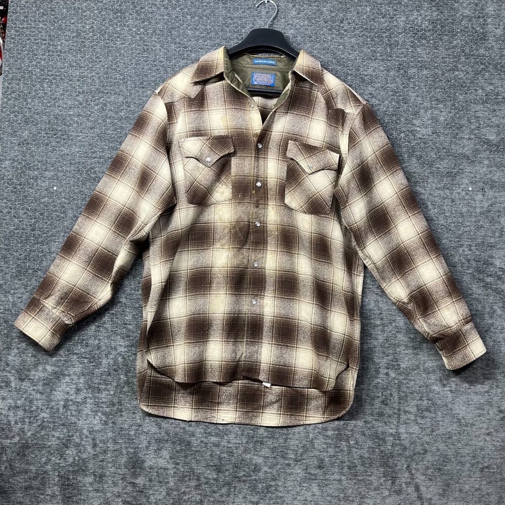 Pendleton Western Shirt Mens L Brown Plaid Good Pearl Snap Wool USA Made VTG